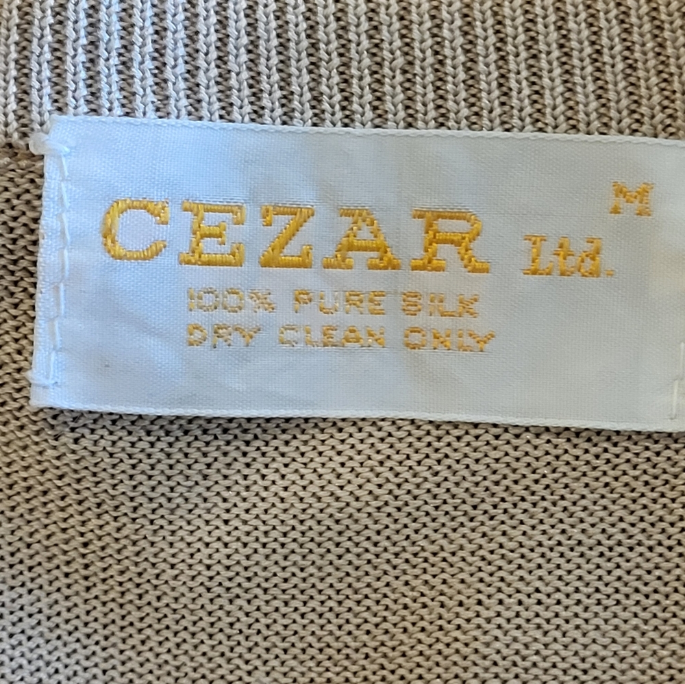 Cezar Vintage 60s Tan Silk V-neck Pullover With Suede Patch Front Medium - Picture 5 of 5